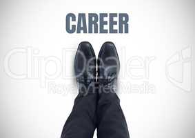 Career text and Black shoes on feet with white background