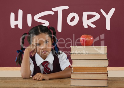 Bored student girl at table against red blackboard with history text