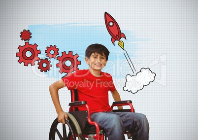 Disabled boy in wheelchair with rocket cogs graphics