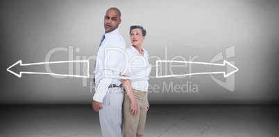 Composite image of business people standing back to back