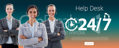 Composite image of business team wearing headsets and standing arms crossed