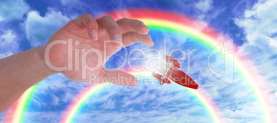 Composite image of hand of man pretending to hold an invisible object