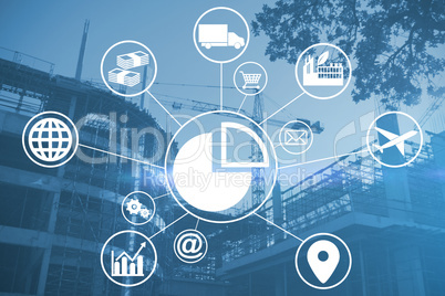 Composite image of composite image of pie chart amidst various icons