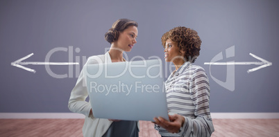 Composite image of portrait of businesswomen posing with laptop