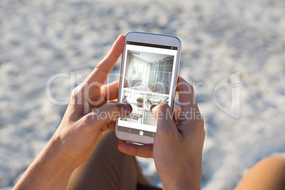 Composite image of interior of kitchen and bedroom on mobile screen