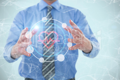 Composite image of businessman gesturing against white background