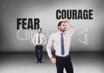Fear or courage text with Businessman looking in opposite directions