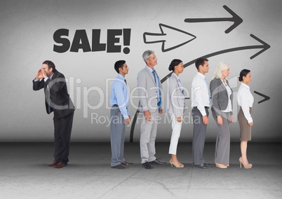 Sale text and arrows direction with Businessman calling in opposite direction of group