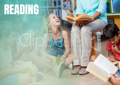 Reading text and Elementary School teacher with class