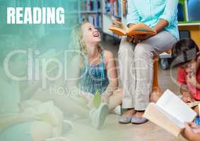 Reading text and Elementary School teacher with class