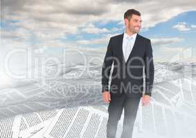 Businessman in sea of documents under sky clouds