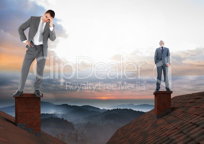 Businessmen standing on Roofs with chimney and colorful landscape