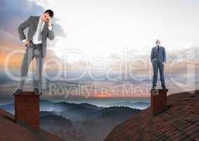 Businessmen standing on Roofs with chimney and colorful landscape