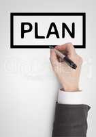 Hand interacting with plan business text against white background