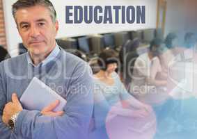 Education text and University teacher with class