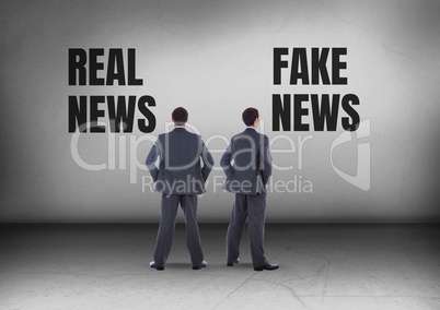 Real news or fake news with Businessman looking in opposite directions