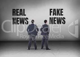 Real news or fake news with Businessman looking in opposite directions