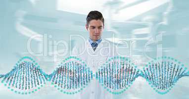 Doctor man interacting with 3D DNA strand