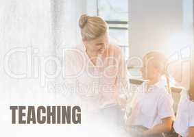 Teaching text and Elementary school teacher with class