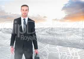 Businessman holding briefcase in sea of documents under sky clouds