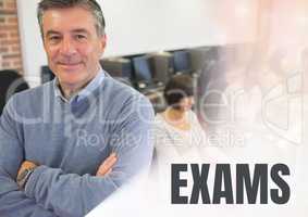Exams text and University teacher with class