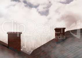 Roofs with chimney and city clouds