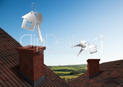 House keys floating over roofs chimneys