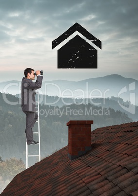 Businessman using binoculars on property ladder over roof with home icon