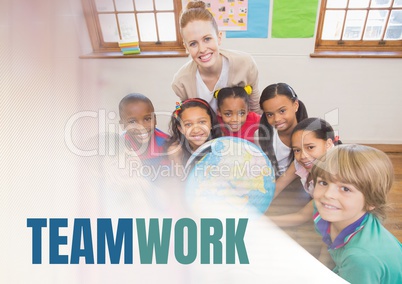 Teamwork text and Elementary school teacher with class