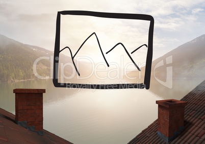 Landscape icon over landscape background and roofs