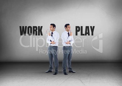 Work or play text with Businessman looking in opposite directions