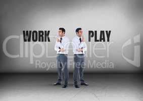 Work or play text with Businessman looking in opposite directions