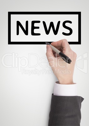 Hand interacting with news business text against white background