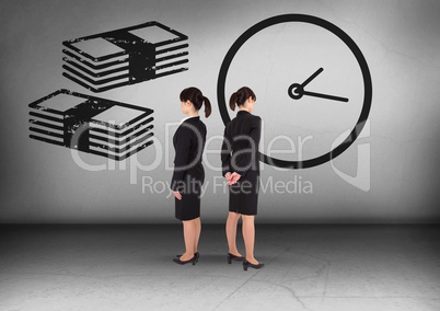 Money notes and clock time with Businesswoman looking in opposite directions
