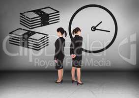 Money notes and clock time with Businesswoman looking in opposite directions