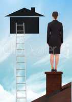 Property ladder and Businesswoman on roof with home icon