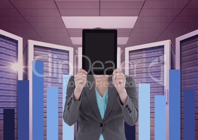 Business woman holding a tablet and graphics in server room