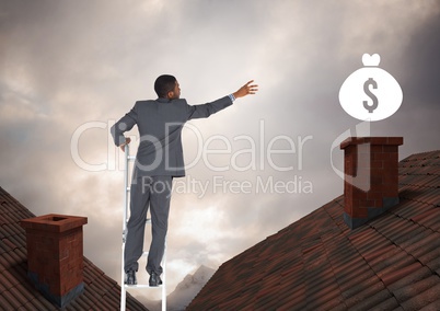 Businessman on property ladder reaching for money icon over roofs