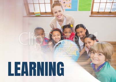 Learning text and Elementary school teacher with class