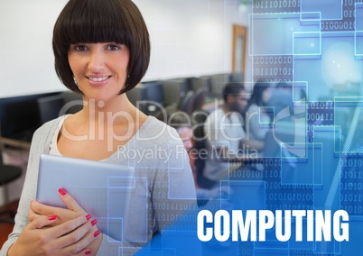 Computing text and University teacher with class in computer room