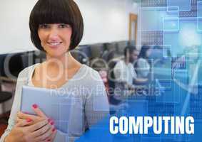 Computing text and University teacher with class in computer room