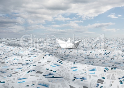 Paper boat on sea of documents under blue sky