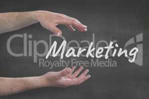 Hands interacting with marketing business text against grey background