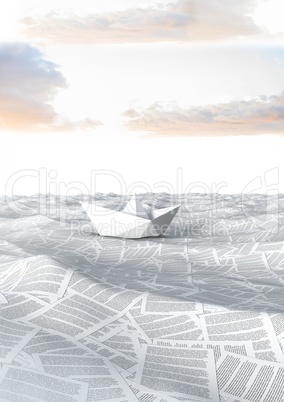 sea of documents under sky clouds with paper boat