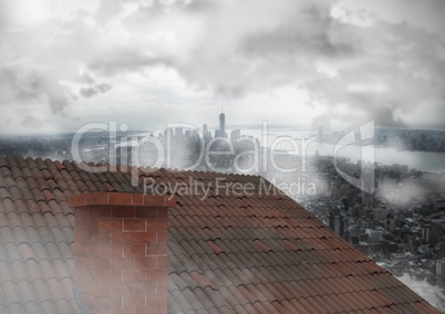 Roof with chimney and cloudy city
