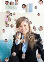 Woman holding phone with Profile portraits of people contacts