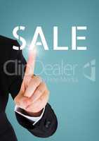 Hand interacting with sale business text against blue background