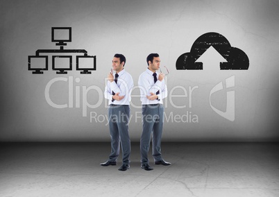 Computer server or cloud storage with Businessman looking in opposite directions