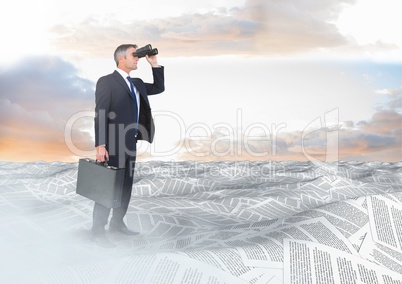 Businessman with binoculars and briefcase in sea of documents under sky clouds