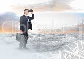 Businessman with binoculars and briefcase in sea of documents under sky clouds